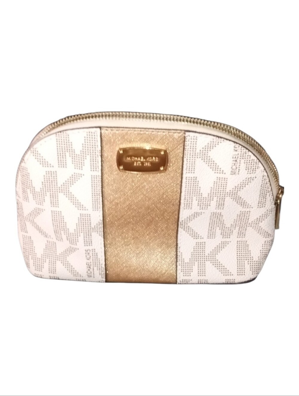 Michael Kors Makeup Bag Like New Logo Print Metal Plate Gold Stripe Zip Closure